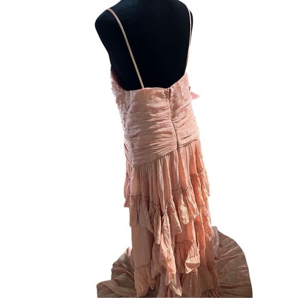 Anthropologie BHLDN Jessa Pink Metallic Asymmetrical Ruffled Drop-Waist Gown 8 - Picture 12 of 14